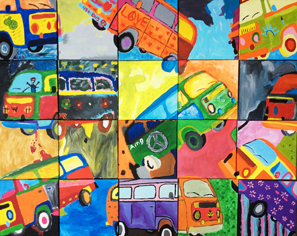 Workshop puzzelschilderij, familie schildert samen voor jarige, volkswagenbusjes